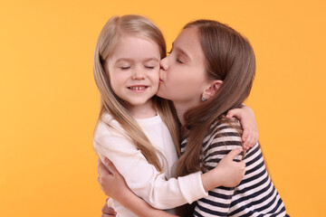 Sticker - Portrait of cute little sisters on orange background