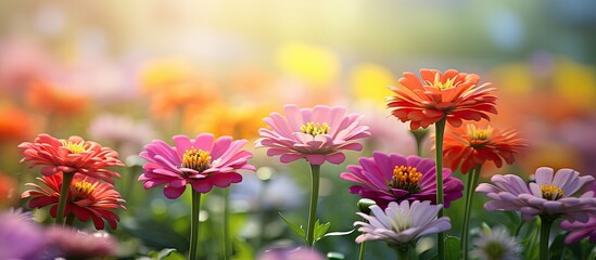 Aufkleber - Zinnia in soft focus with blurred flowers in the background, vibrant colors, and copy space image.