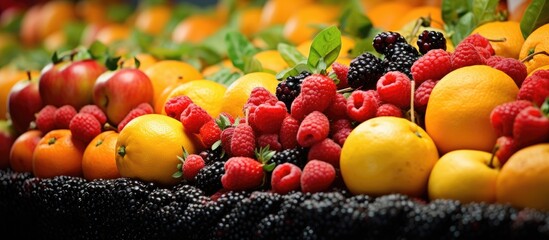 Poster - Various fruits and berries are available for purchase in a market setting with a copy space image.