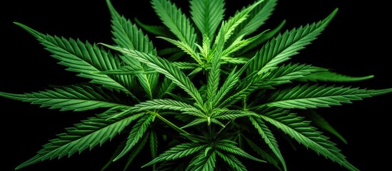 Poster - Close-up of a isolated green cannabis leaf on a white background, suitable for a copy space image. Marijuana is derived from this plant.