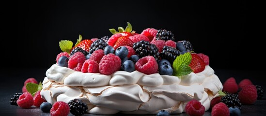 Aufkleber - Pavlova adorned with an assortment of fresh berries, against a blank background in a copy space image.