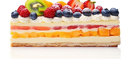 Fototapete - Delicious cake slice adorned with colorful fruits, perfect for celebrations, with a white background as copy space image.