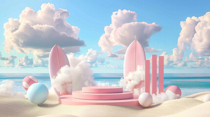 Wall Mural - 3d summer background product display platform scene with sky clouds sea