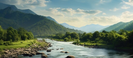 Poster - Forest-covered mountains by a river under summer sunlight with a picturesque view, ideal for a copy space image.