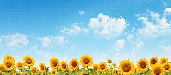 Poster - Mature sunflower field with a scenic background and texture viewed from the side, ideal for copy space image.