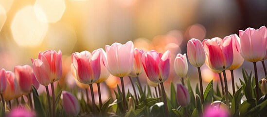 Aufkleber - Tulip flowers in full bloom in a spring garden, illuminated by sunlight. Background is blurred with bokeh effect, focusing on the stunning beauty of the flowers in nature. Copy space image available.