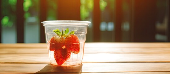 Poster - A strawberry in a transparent plastic cup is placed on a brown wooden table, creating a picturesque copy space image suggesting a healthy breakfast.