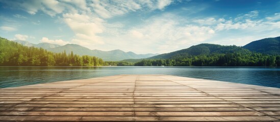 Wall Mural - Wooden bridge pier overlooking stunning landscape, with space for inserting images.