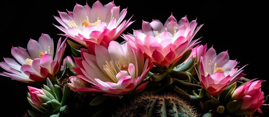 Poster - Low-maintenance Gymnocalycium cactus thrives with minimal effort, showcasing stunning blooms under sunlight in a delightful plant setting with available copy space image.