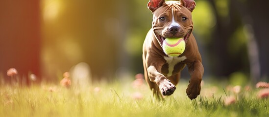 A brown pitbull dog running on grass with a toy in its mouth, with a background of copy space image included.