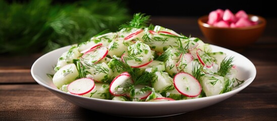 Poster - Radish cucumber salad garnished with fresh dill for a refreshing copy space image.
