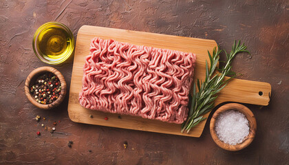 Raw minced meat on wooden board with rosemary sprigs and spices. Preparation for cooking. Top view