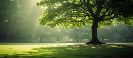 Poster - A verdant tree casting a shadow in a serene park setting, providing the perfect ambiance for a tranquil walk or a relaxing break with copy space image.