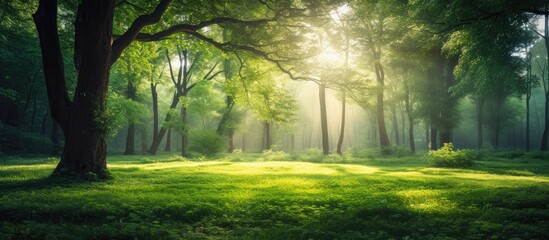 Aufkleber - During the spring season, sunlight filters through the lush green forest, creating a serene atmosphere. A copy space image could capture this tranquil scene.
