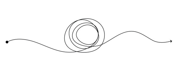 Insane messy line.Set of messy clew symbols connected between them line of symbols with scribbled round element, Freehand drawing. Black and white abstract scribbles, chaos doodles with background.