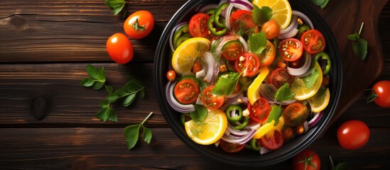 Wall Mural - Vegetable salad with orange slices displayed on a rustic wooden background with a pan in the shot for a copy space image.