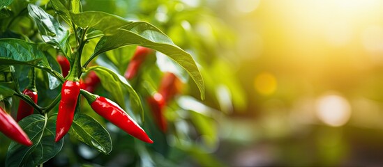 Poster - A close-up image of fresh red chillies growing in a vegetable garden, with a vibrant green leaf in the background, providing a copy space image.