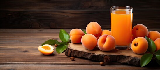 Aufkleber - Apricots and apricot juice arranged in a flat lay composition on a wooden background, with a designated copy space image.