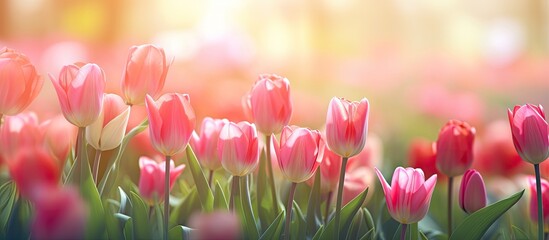 Poster - Vibrant tulips blooming in a garden at sunset with a blurred bokeh background, creating a soft and pastel image with copy space.