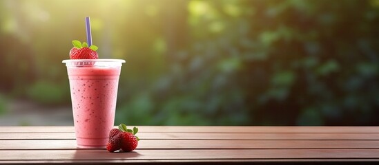 Poster - Refreshing smoothie in a plastic cup displayed on a rustic wooden table outdoors with ample copy space image.
