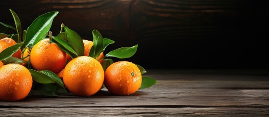 Poster - Fresh tangerines on a wooden backdrop with copy space image.