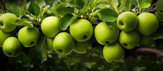 Poster - An apple tree with green apples, showcasing young fruits hanging from a branch, with copy space image available.