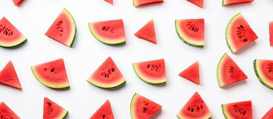 Poster - Ripe watermelon slices on a white backdrop in a top-down flat lay view, suitable for use as a banner with copy space image.