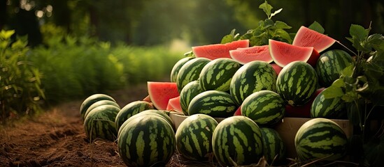Poster - Harvesting fresh watermelons on a farm with a leafy tree plant in the background, ready for sale in the market, depicted in a copy space image.