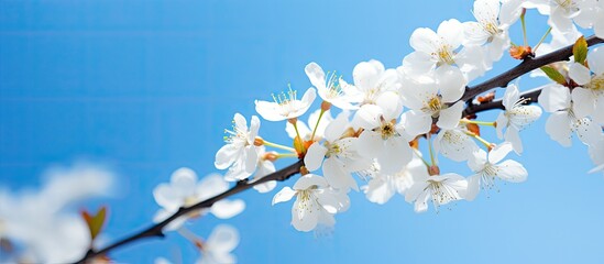 Poster - In spring, a white cherry tree blossom stands out against a blue sky backdrop, creating a picturesque scene with copy space image.