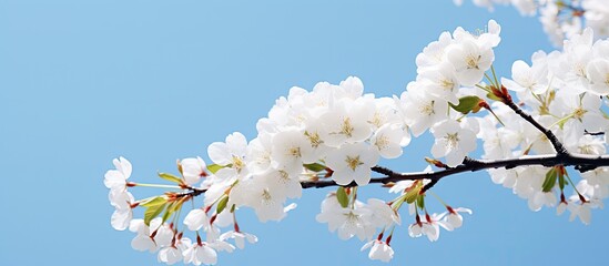 Poster - Cherry tree branch in bloom with white flowers, against a clear blue sky in the background, providing a serene and picturesque copy space image.