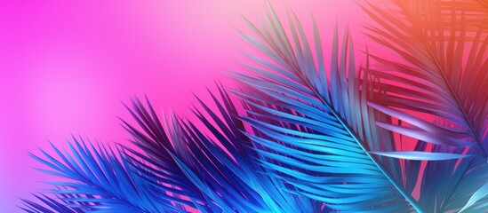 Poster - Concept art featuring vibrant bold gradient holographic neon-colored tropical and palm leaves, creating a minimal surrealistic summer backdrop with copy space image.