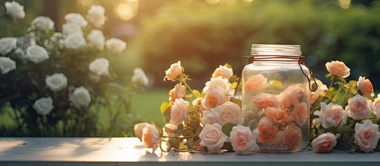 Wall Mural - Vintage toned morning light shines on a glass jar with roses against a picturesque garden backdrop, creating a serene and captivating copy space image.