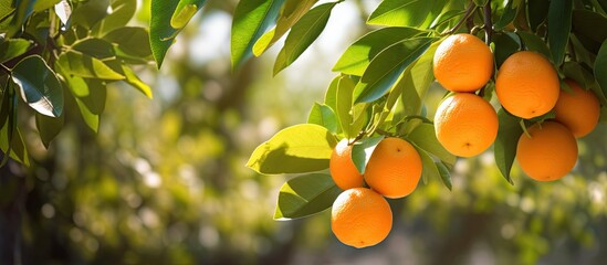 Poster - Tangerines are ripening on trees in the orchard with copy space image.