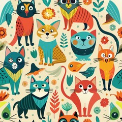 Seamless pattern of retro-inspired animal motifs like cats, dogs, and birds in playful colors, Generative AI