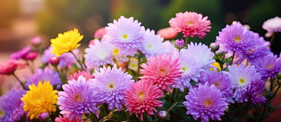 Aufkleber - Colorful aster flowers in the garden with copy space image.