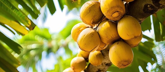 Poster - Close-up of a cluster of ripe yellow coconuts on a tree with ample copy space image.