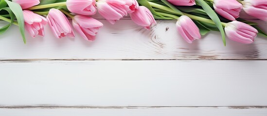 Poster - Pink tulips displayed on a white wooden table with plenty of copy space image.