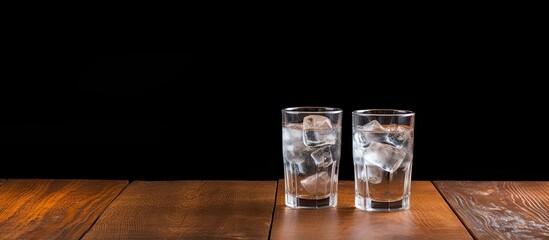 Aufkleber - On a wooden table, there is a display of two glasses, one filled with drinking water and the other with a fizzy soda, both with ice cubes, with a copy space image available.
