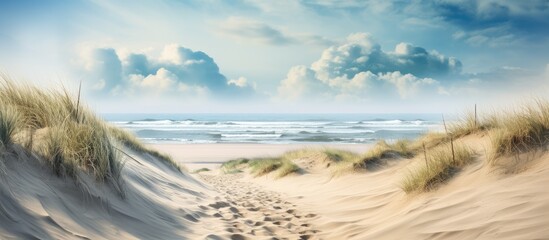 Poster - Sandy path winding through the dunes with a panoramic view of the beach, a perfect copy space image.