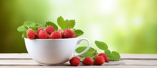 Poster - Wild strawberry in a white cup on a wooden background, creating an inviting copy space image.