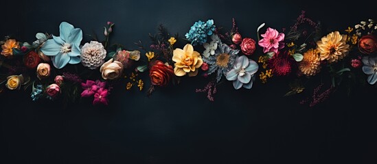 Poster - An array of flowers set against a dark backdrop, captured from above to showcase the beauty with available copy space image in the frame.