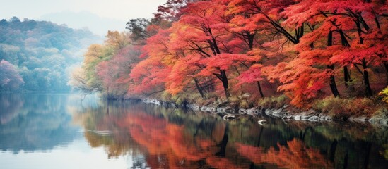 Aufkleber - A picturesque scene of a dense forest with vibrant red foliage reflected in calm water, ideal for a copy space image.