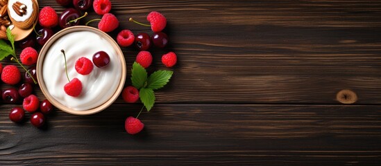 Poster - Dark wooden background topped with homemade yogurt, raspberries, cherries, nuts, and flakes, creating a charming composition for a copy space image.