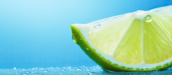 Poster - A slice of lime with a drop displayed on a blue background, providing a refreshing and vibrant copy space image.