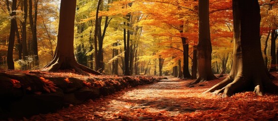 Poster - Autumn in the forest with vibrant foliage and a serene atmosphere, ideal for a walk amidst nature's beauty with a background of beautiful scenery and copy space image.