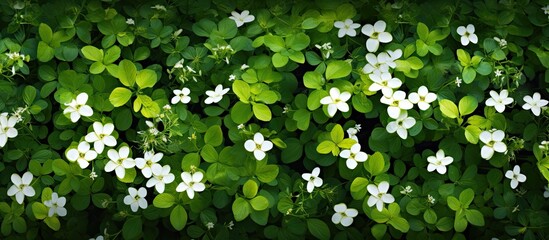 Poster - Backdrop of small flowers and green leaves creating a fresh nature scene with a background suitable for a copy space image.
