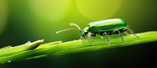Aufkleber - A metallic green insect perched on a blade of grass against a green background with copy space image.