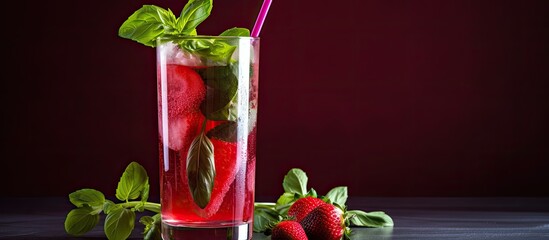 Poster - Tall glass with a spring cocktail made of fresh strawberries and basil, with a copy space image.