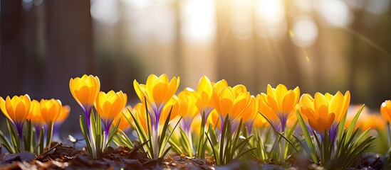 Poster - The garden showcases vibrant yellow crocus or saffron buds blooming under the spring sun, adding a touch of early spring color to the landscape, creating a picturesque scene with copy space image.
