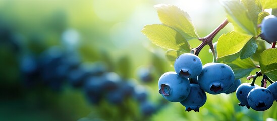 Poster - Blueberries growing on a bush at the farm with a copy space image.